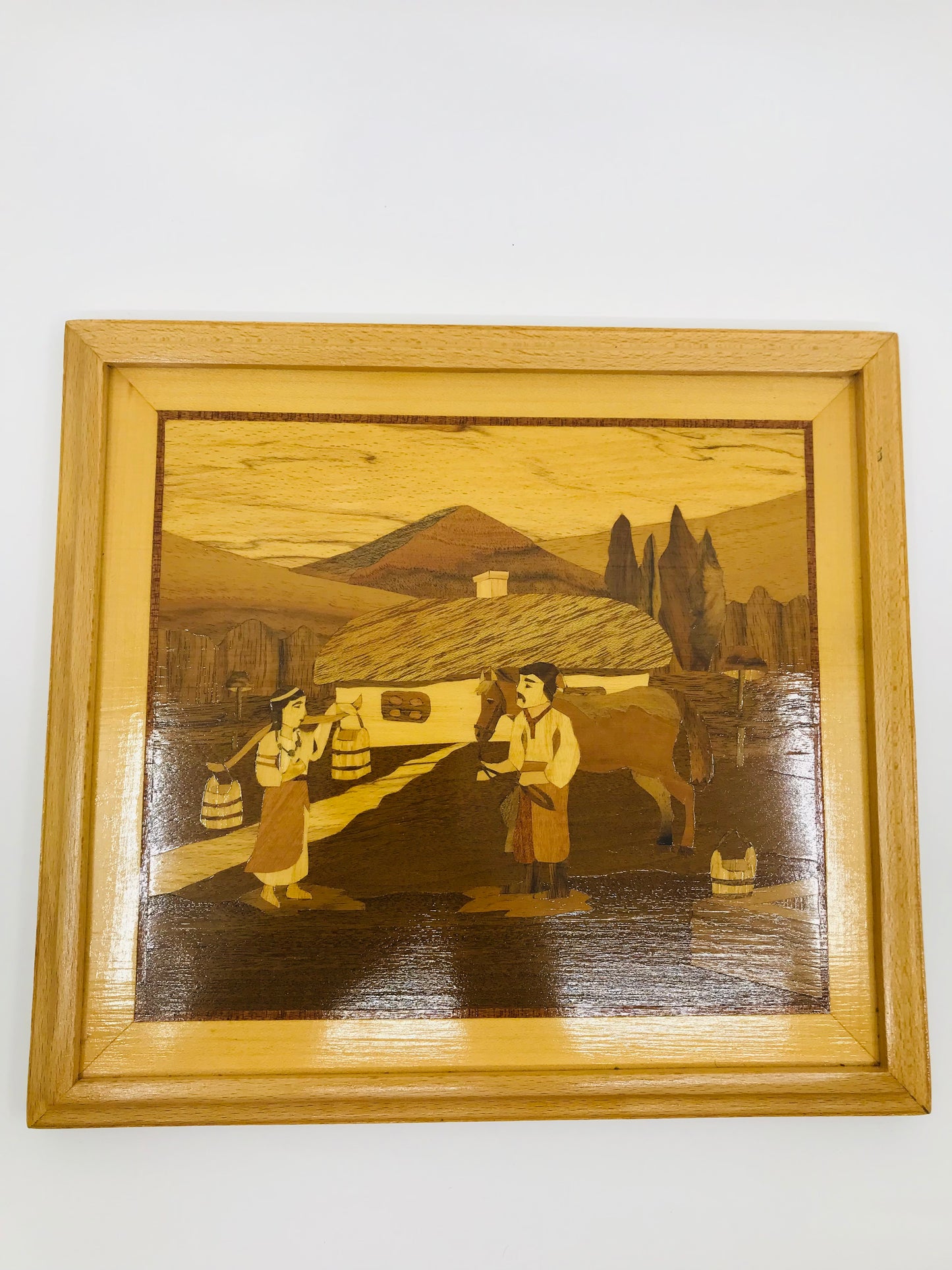 Handcrafted Wooden Inlay European Farmers in a Field