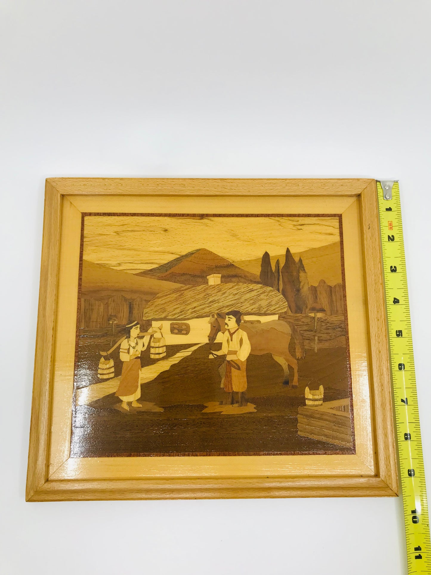 Handcrafted Wooden Inlay European Farmers in a Field