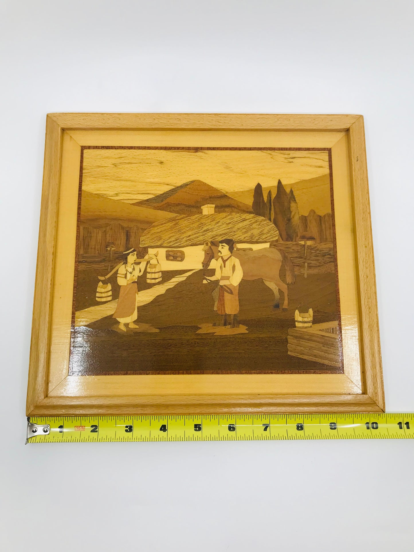 Handcrafted Wooden Inlay European Farmers in a Field