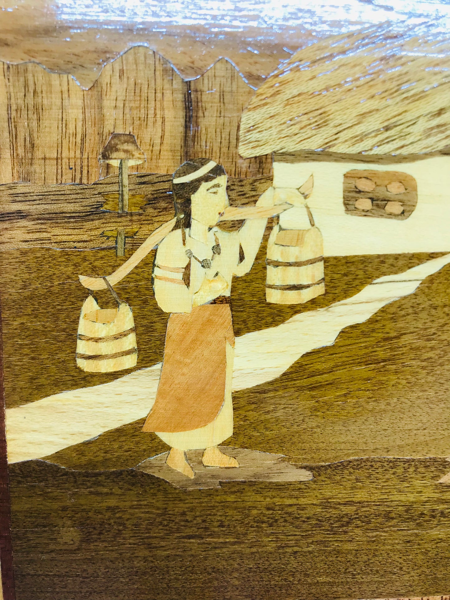 Handcrafted Wooden Inlay European Farmers in a Field