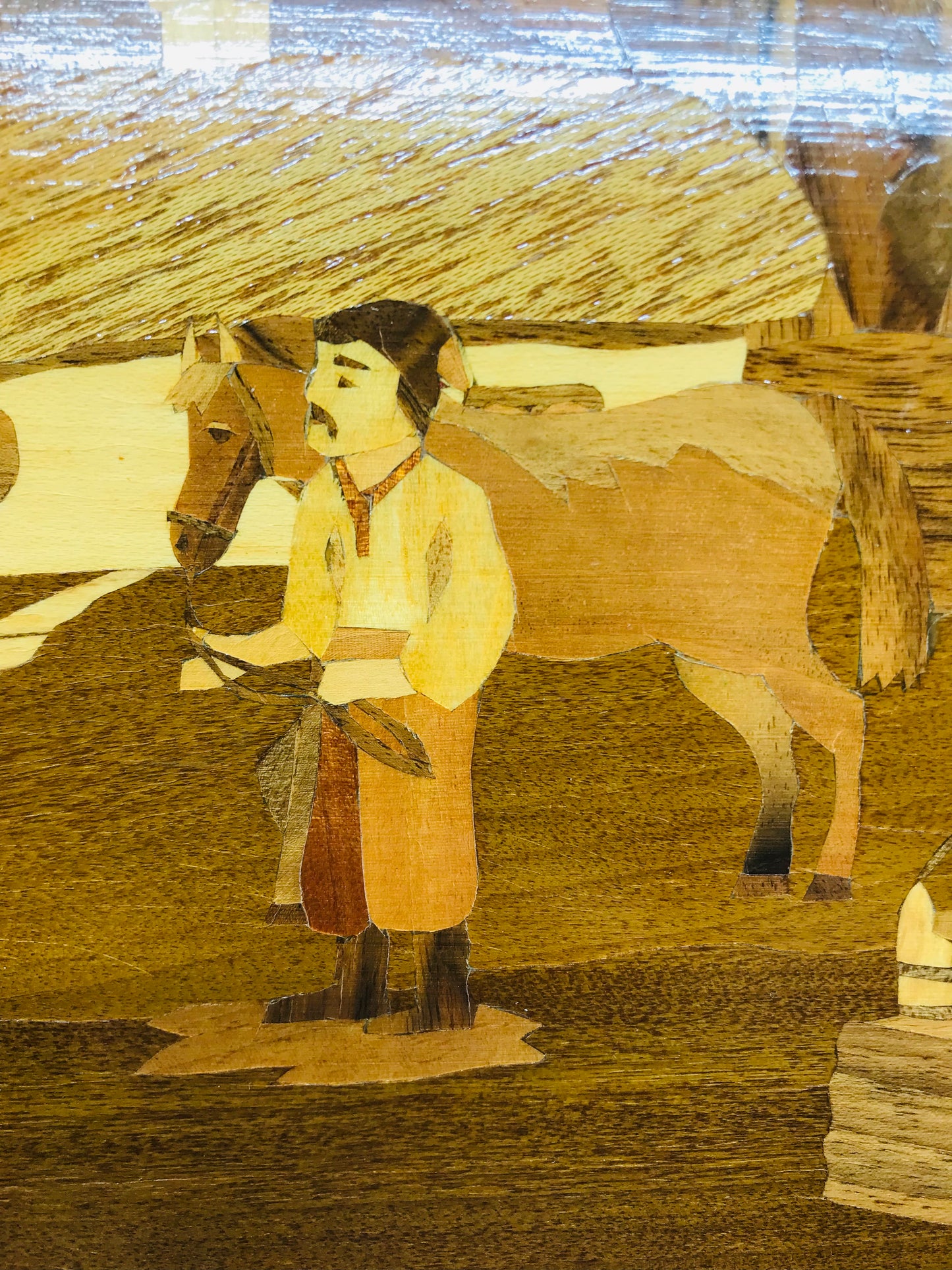 Handcrafted Wooden Inlay European Farmers in a Field