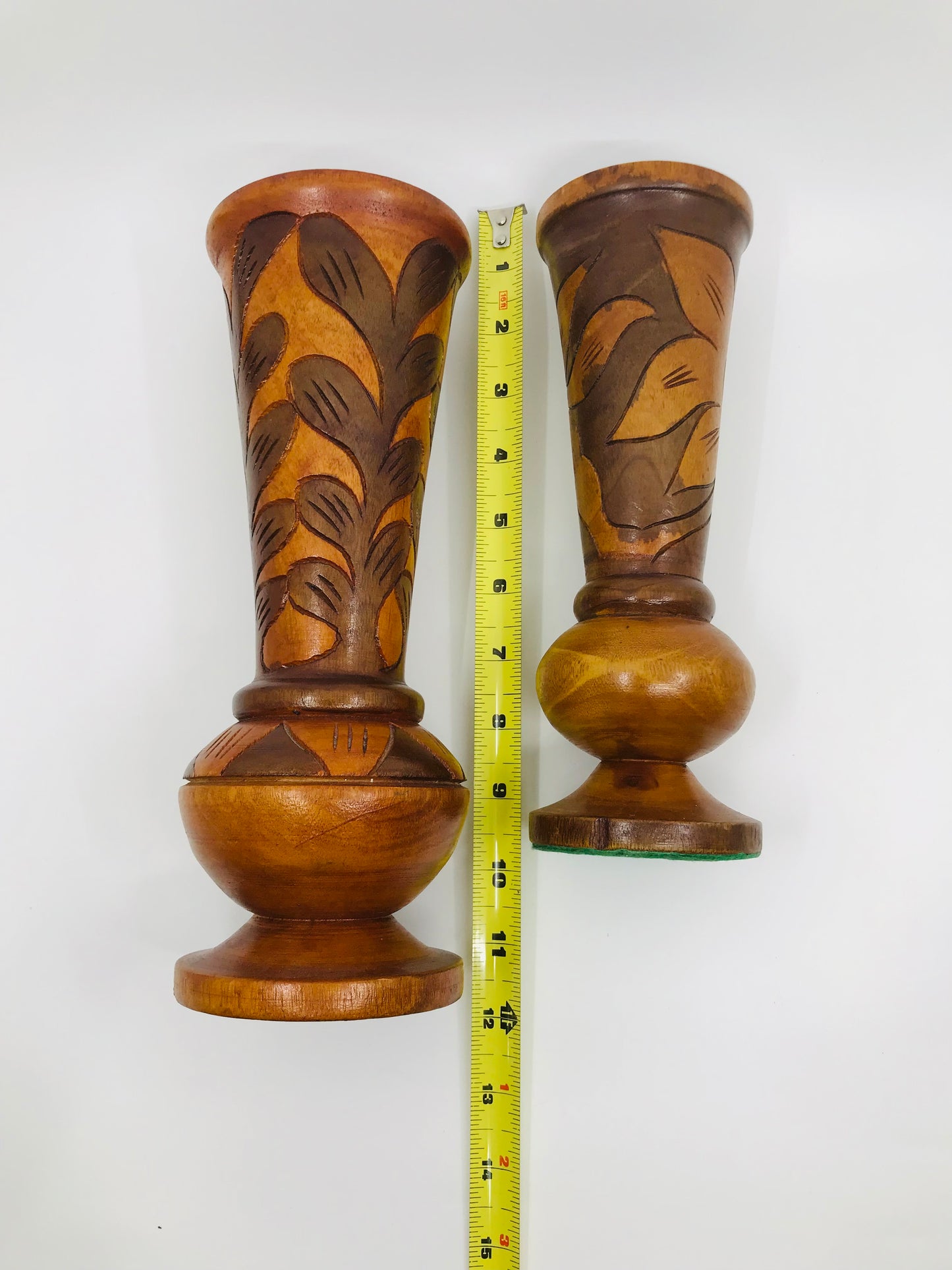 Vintage MCM Wooden Hand Carved Turned Folk Art Floral Two-tone Vases - Set of 2