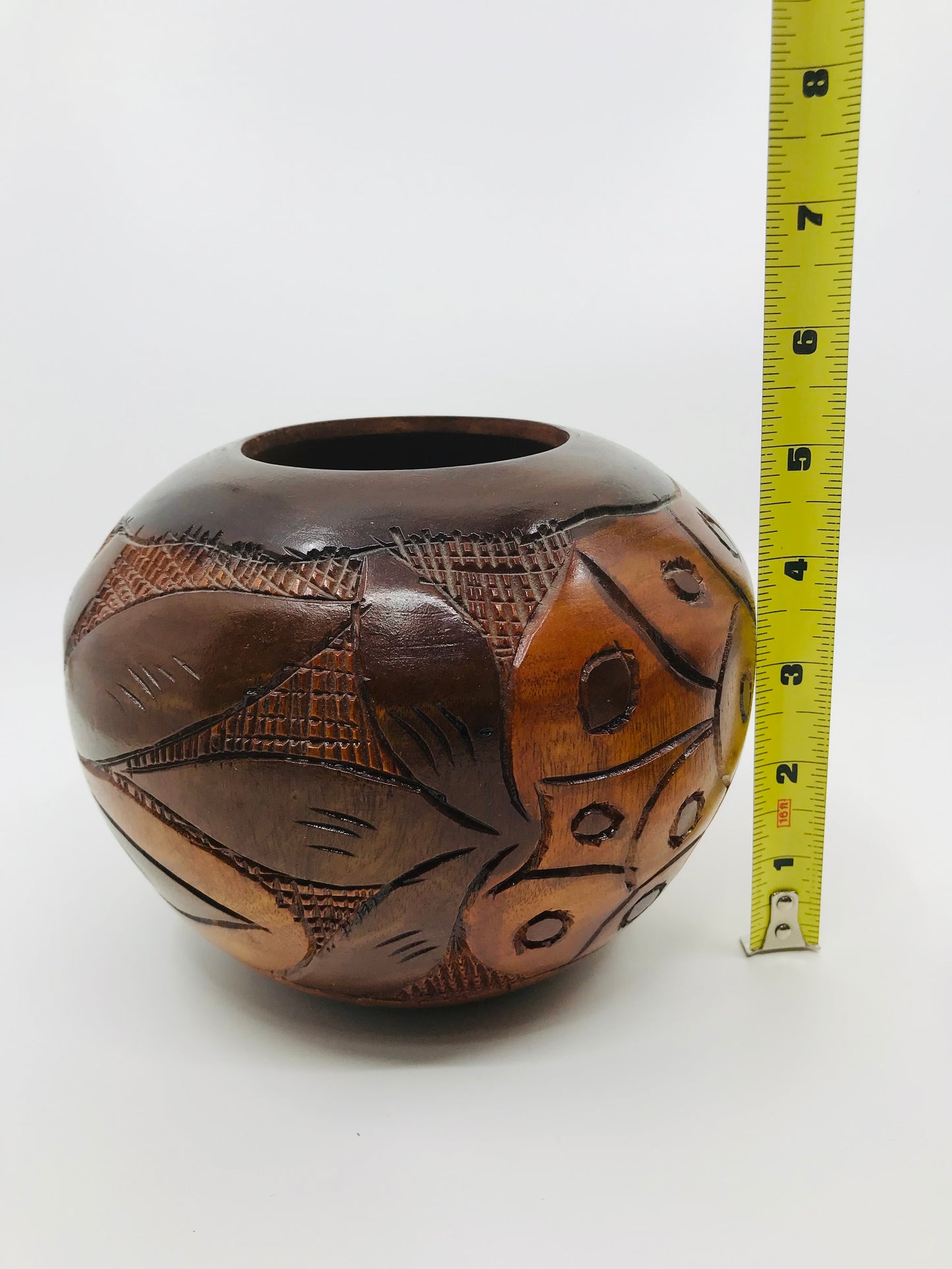 Vintage MCM Wooden Hand Carved Turned Folk Art Floral Two-tone Planters/Bowls - Set of 2