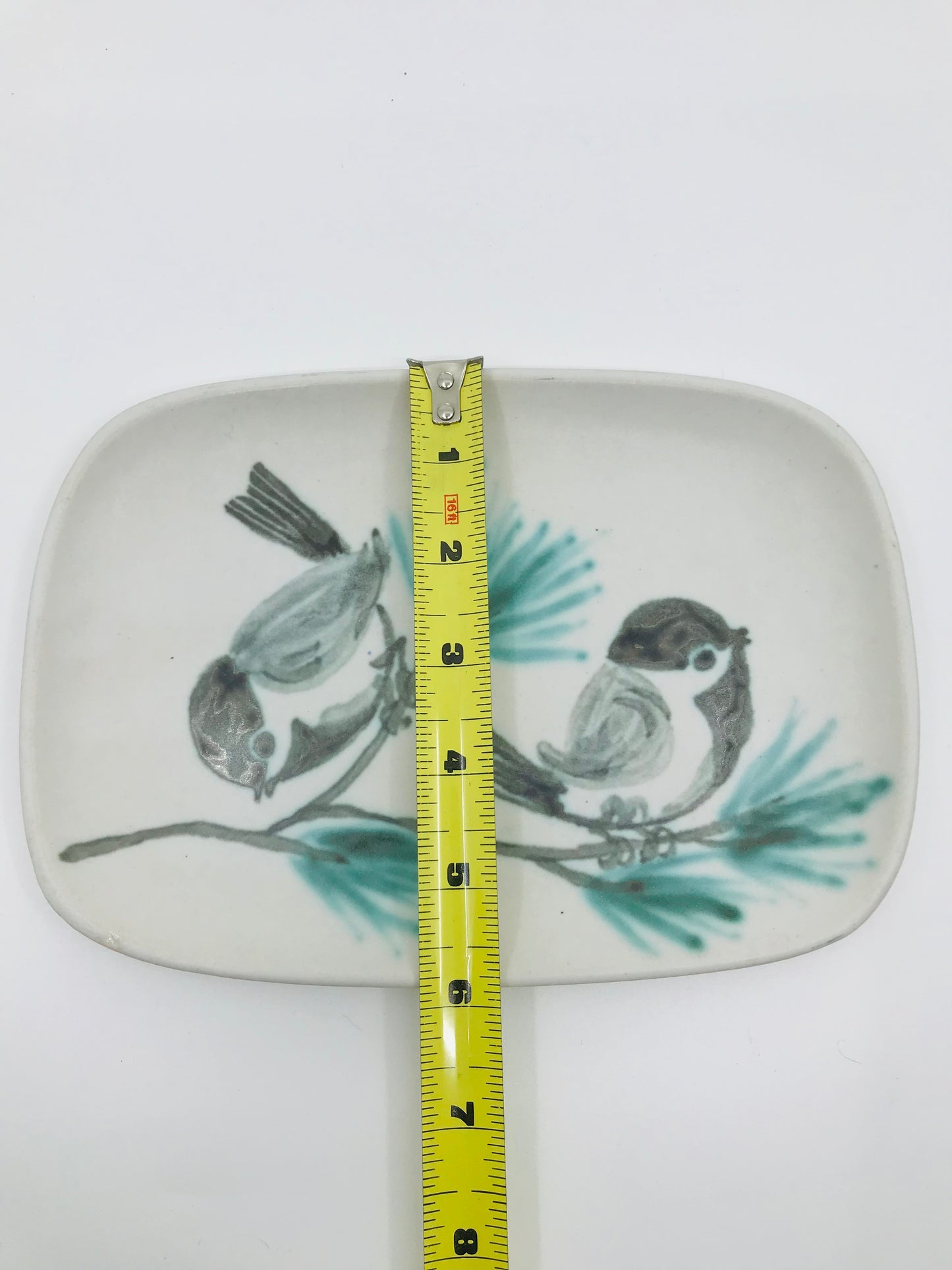 Hand Crafted Chickadee Birds Perched on a Pine Branch Pottery Stoneware Catch All Trinket Dish