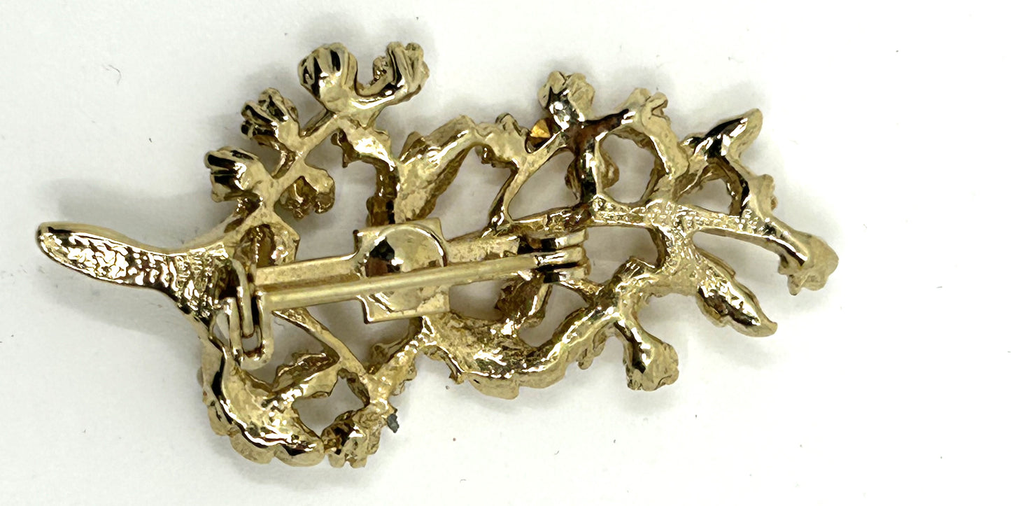 Vintage Goldtone Faux Diamonds and Pearls Tree Branch Brooch