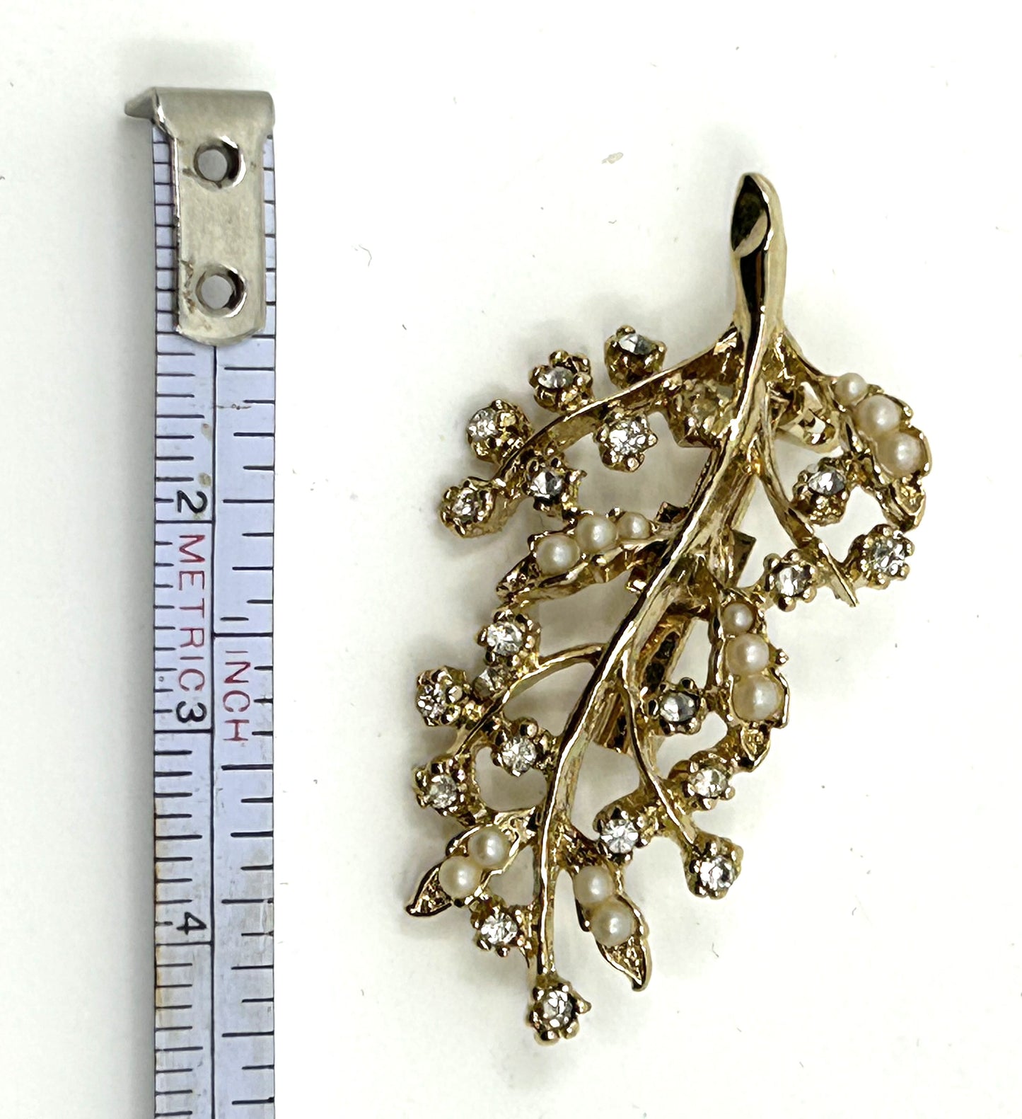 Vintage Goldtone Faux Diamonds and Pearls Tree Branch Brooch