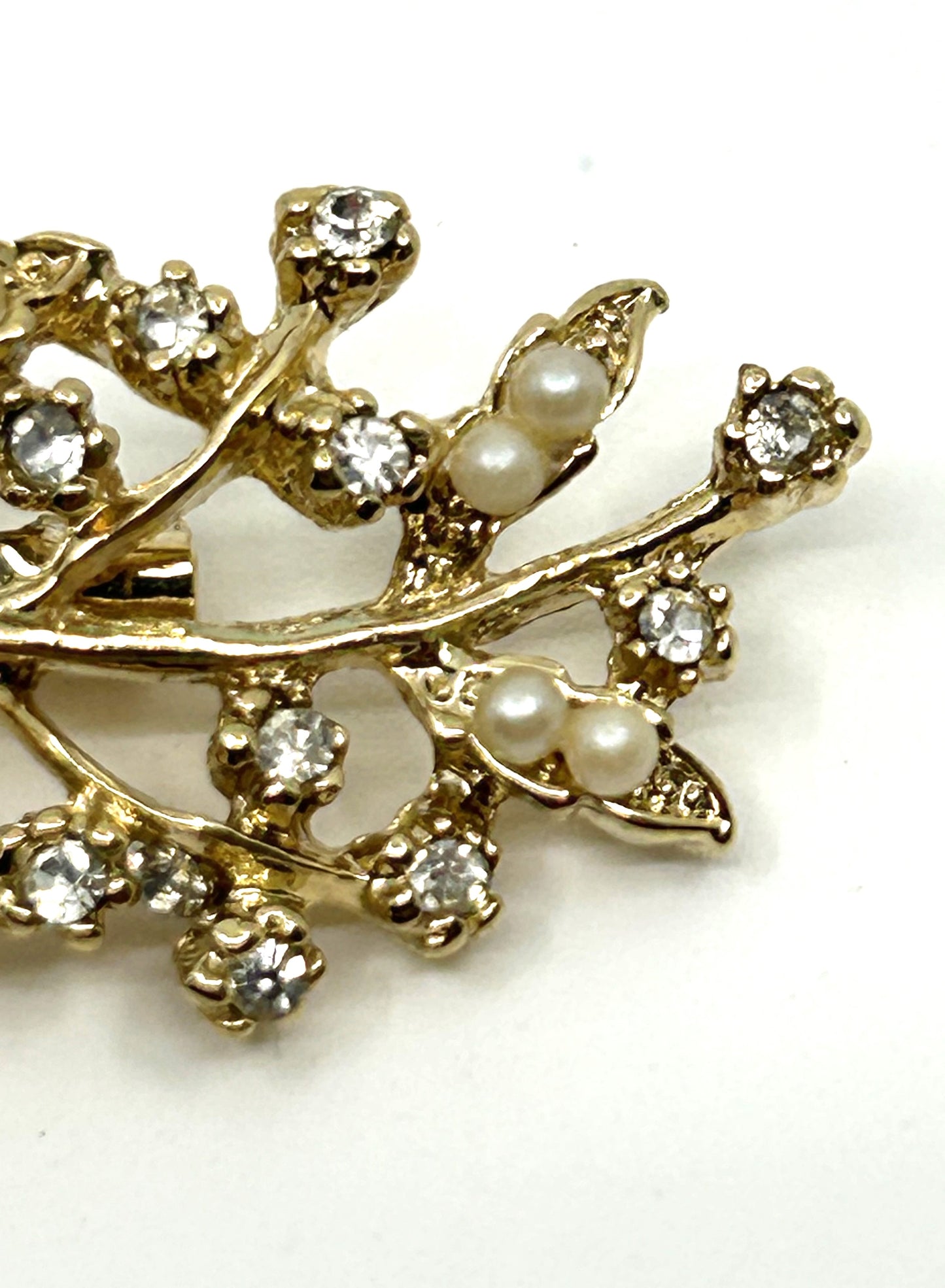 Vintage Goldtone Faux Diamonds and Pearls Tree Branch Brooch
