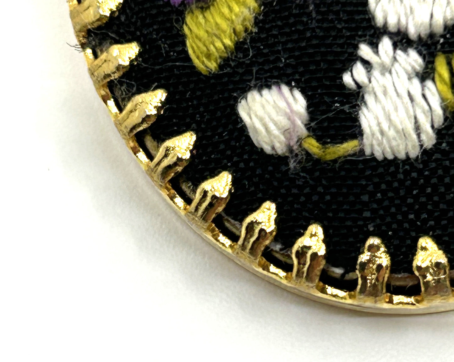 Vintage Cross Stitched Violets Round Goldtone Cameo Brooch