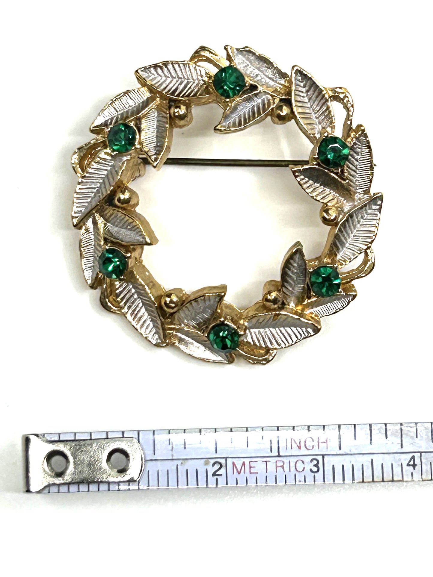 Vintage Gold and Silver Tone Wreath with Faux Emeralds Brooch