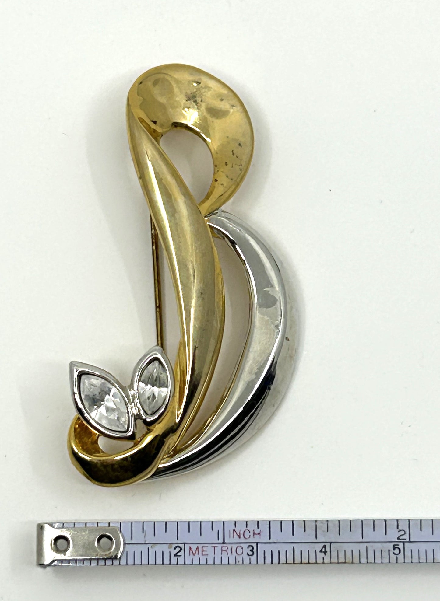 Vintage Two Tone Gold and Silver Letter B Brooch w/faux Diamonds