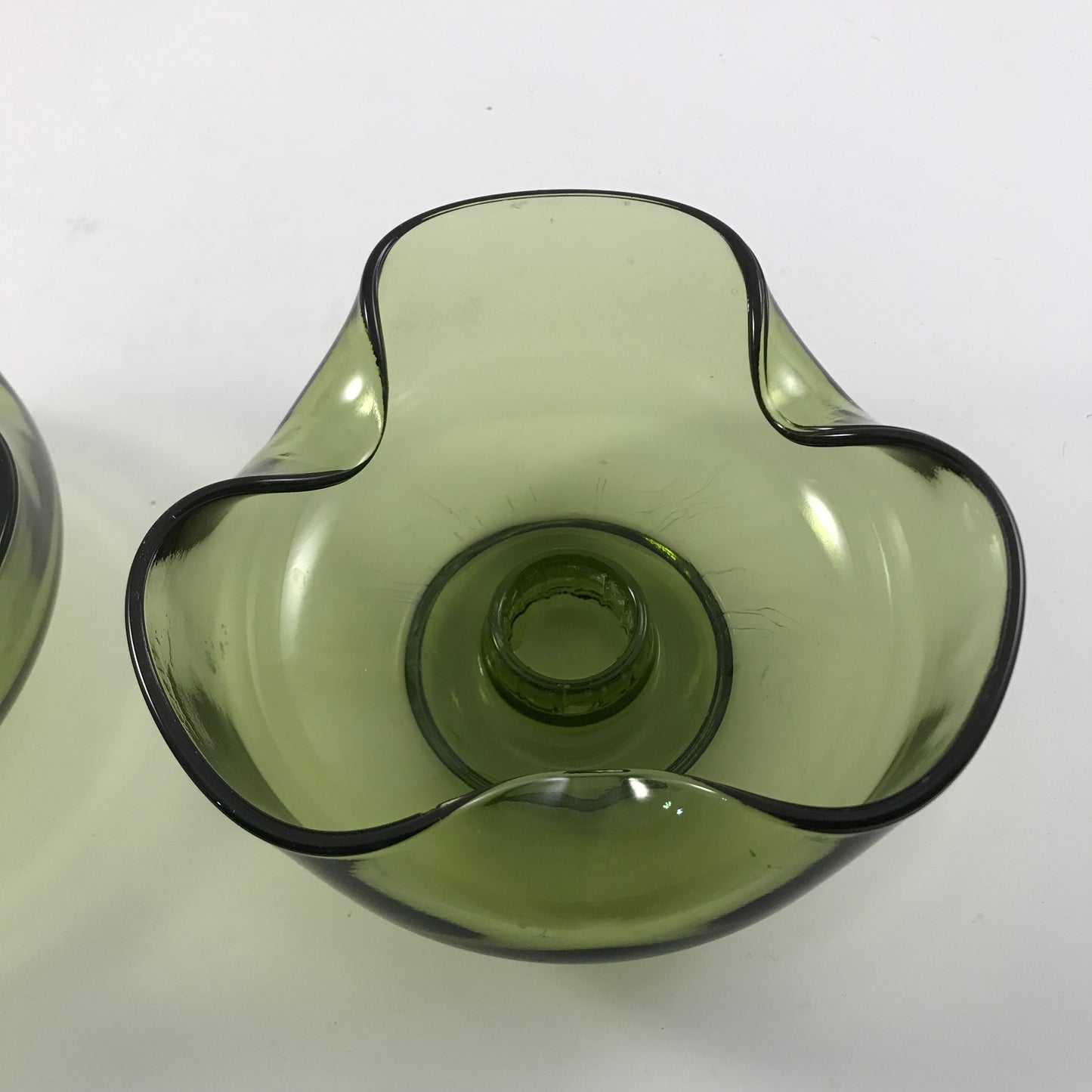 Mid Century Anchor Hocking Green Pinched Glass Candle Holders Set of 2