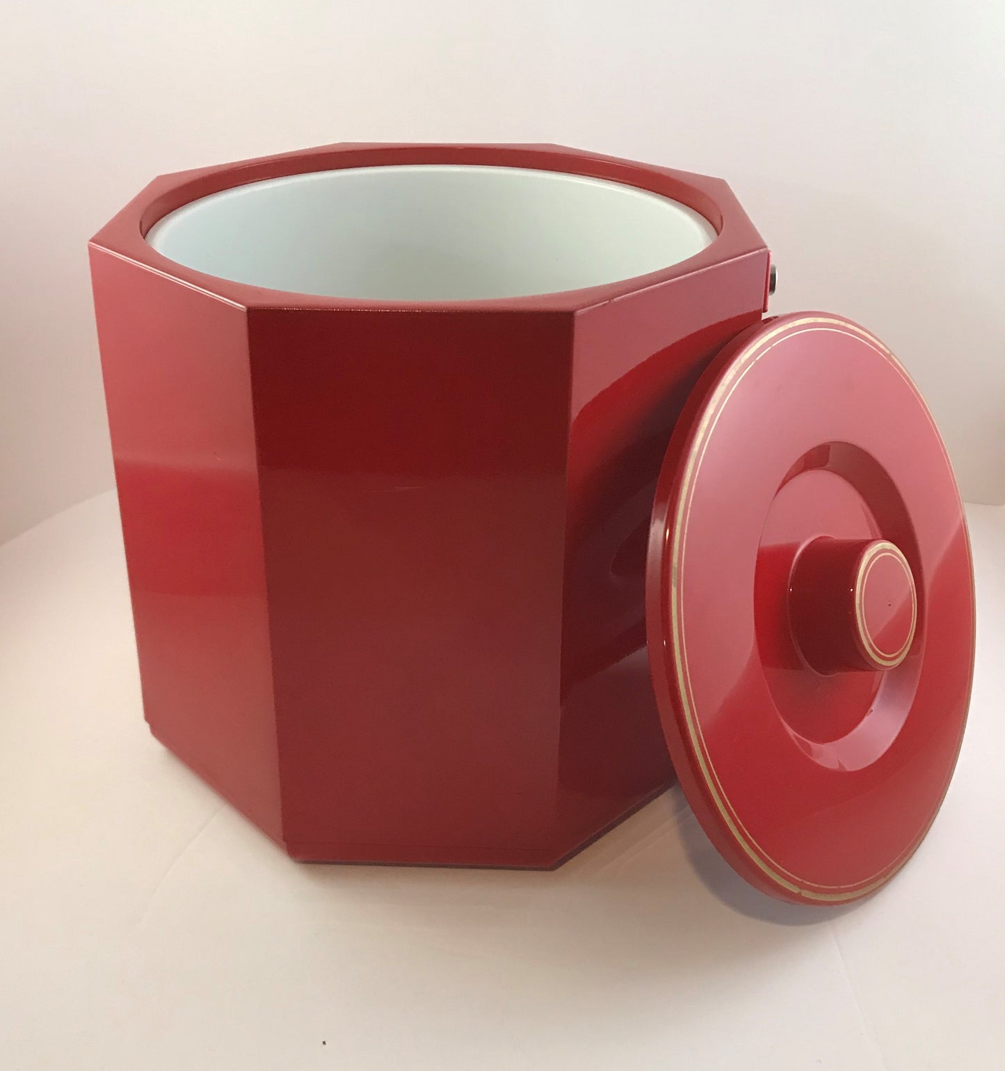 MCM Vintage Red Octagonal Lacquerware Ice Bucket