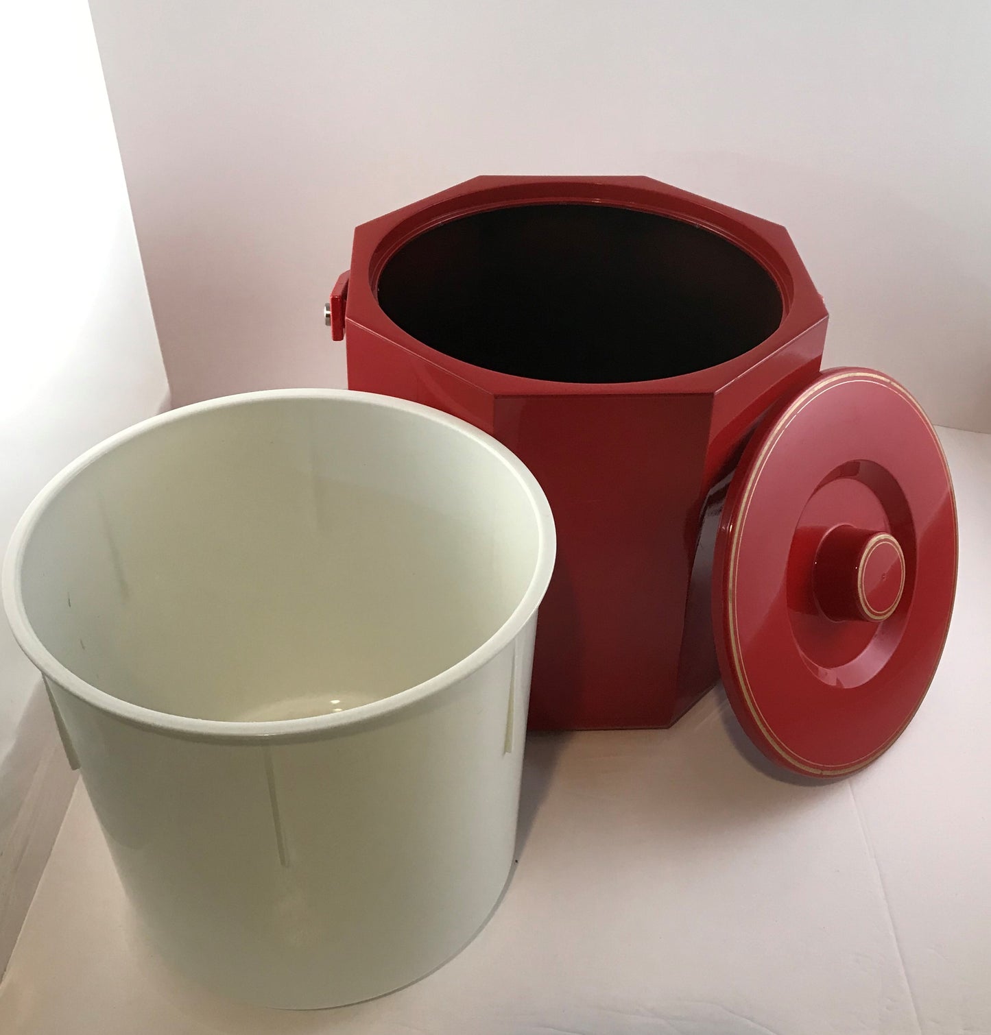 MCM Vintage Red Octagonal Lacquerware Ice Bucket