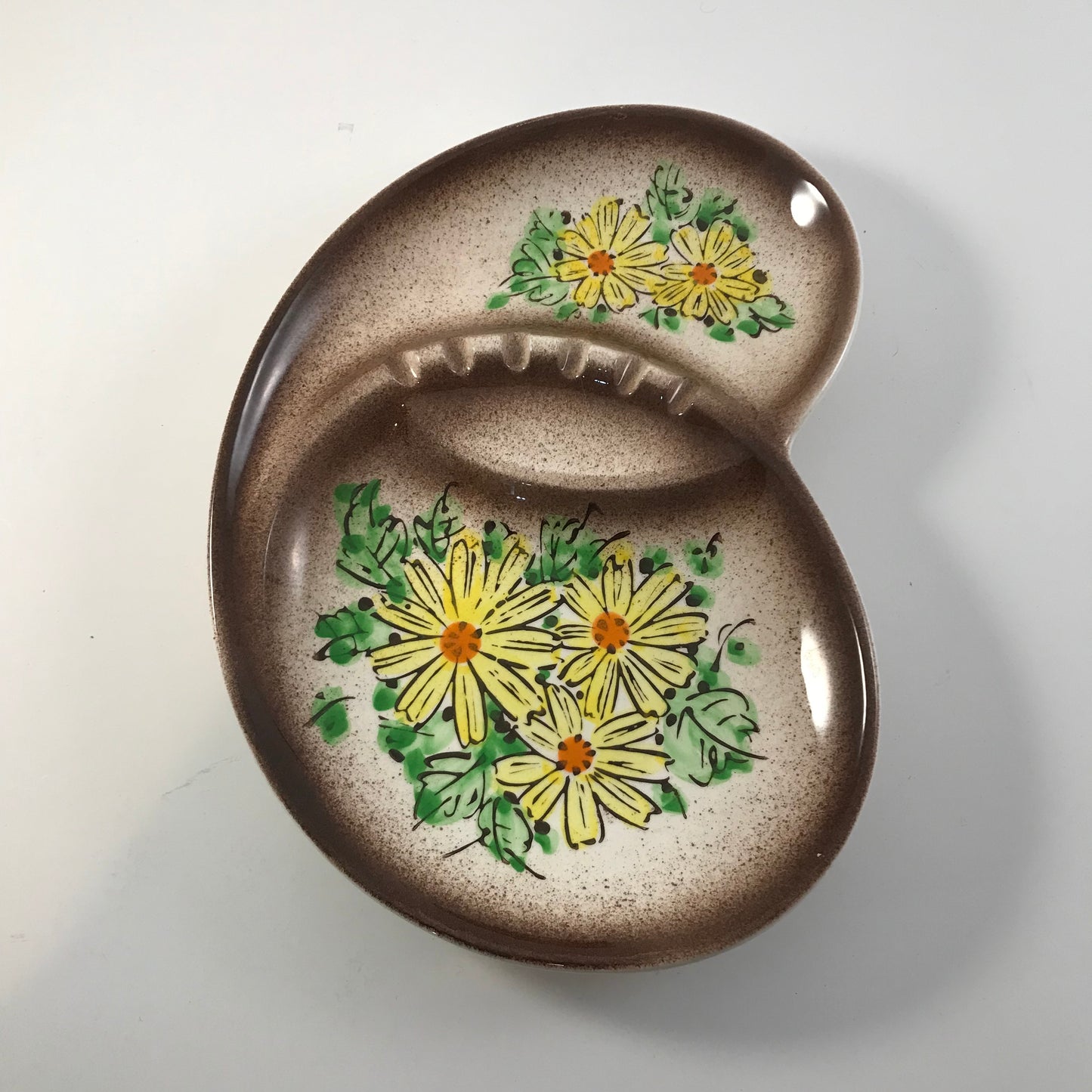 MCM Mid Century Semi-Heart Shaped Yellow Daisy Ashtray