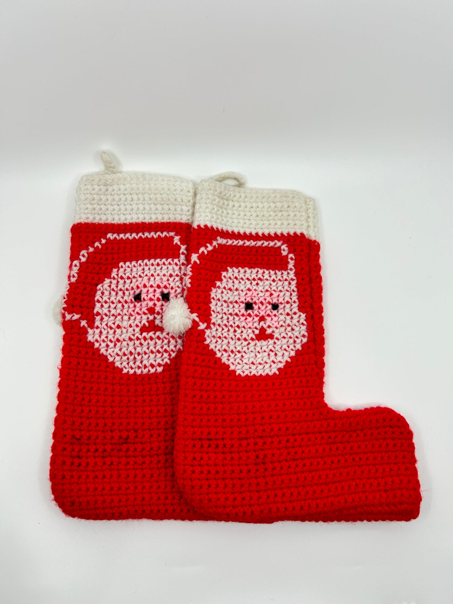 Vintage Hand Knitted Santa Face Red Christmas Stockings - Set of 2  One-of-a-kind