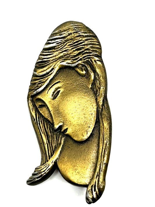 Art Deco Style Bronze-look Woman's Sculpted Face Brooch