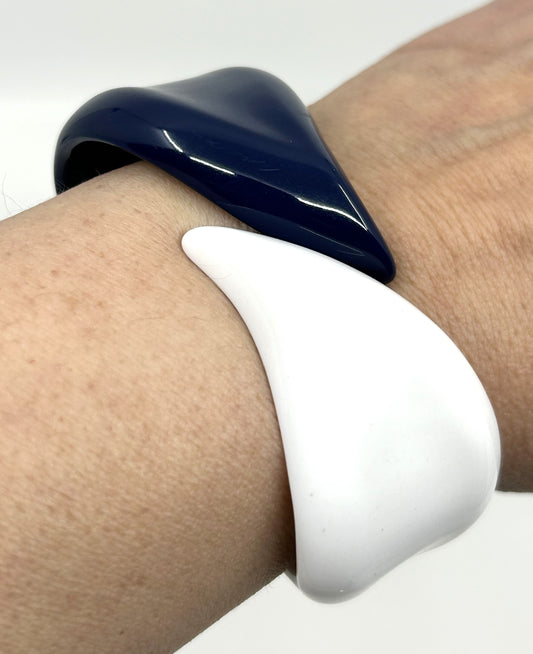 Vintage 1980's Blue and White Hinged Cuff Bracelet