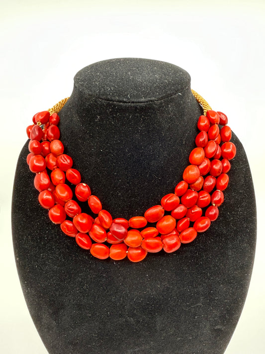 Vintage BOHO Red Beaded Hand Woven Button Closure Necklace