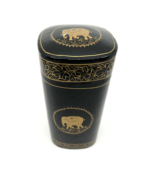 Black and Gold Papier-Mâché Lacquer Tall Décor Box w/Elephant Motif