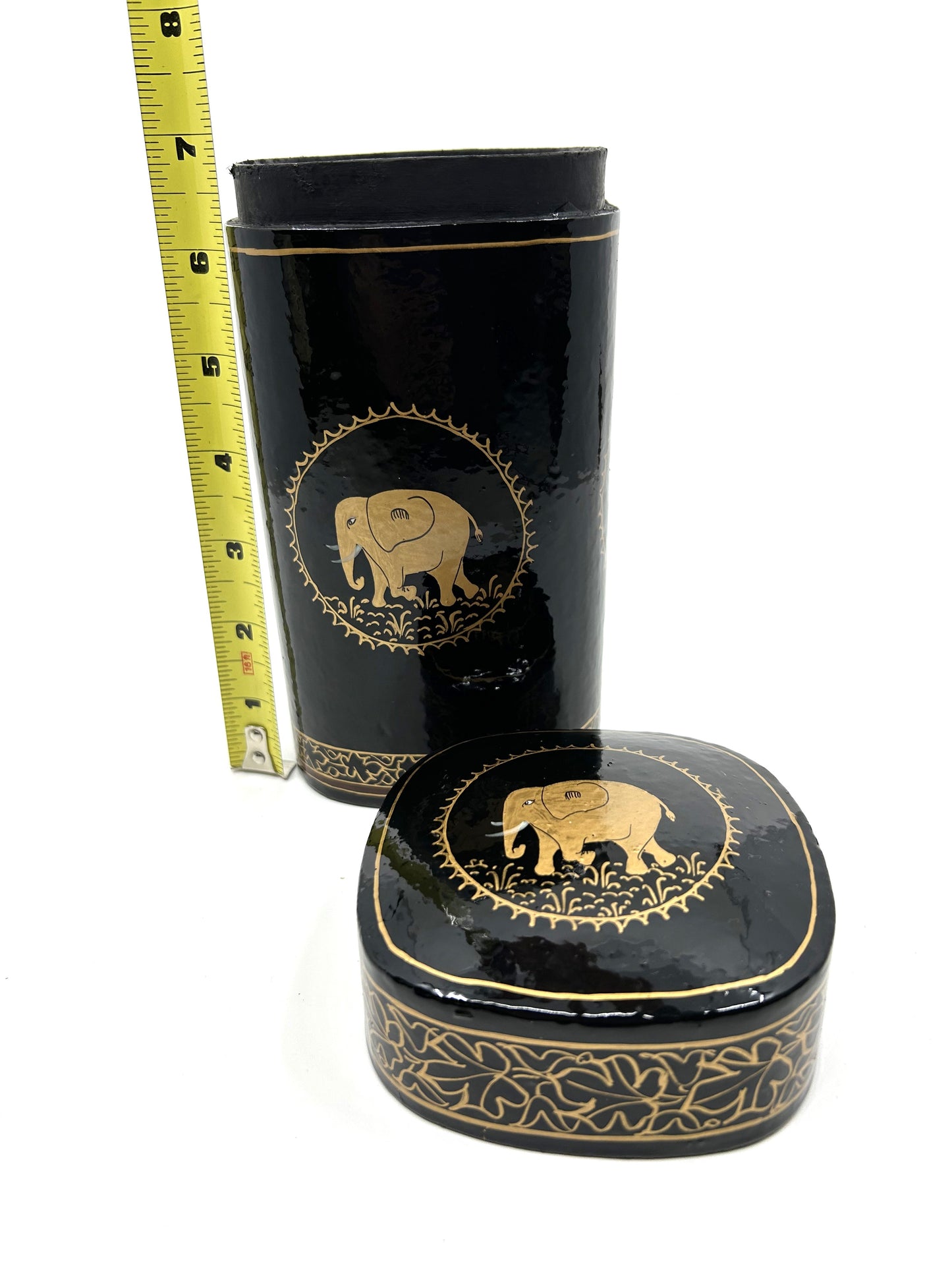 Black and Gold Papier-Mâché Lacquer Tall Décor Box w/Elephant Motif