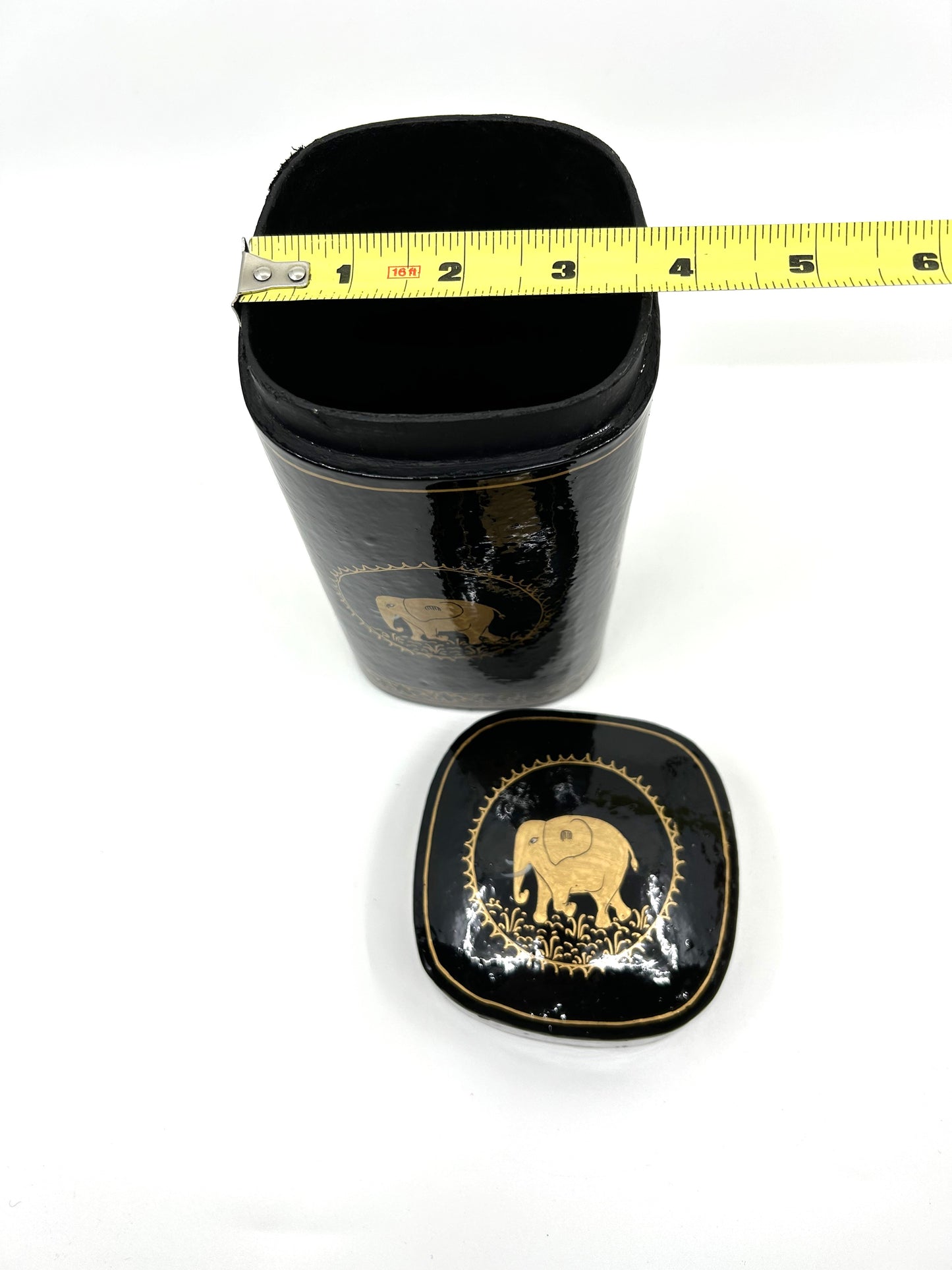 Black and Gold Papier-Mâché Lacquer Tall Décor Box w/Elephant Motif