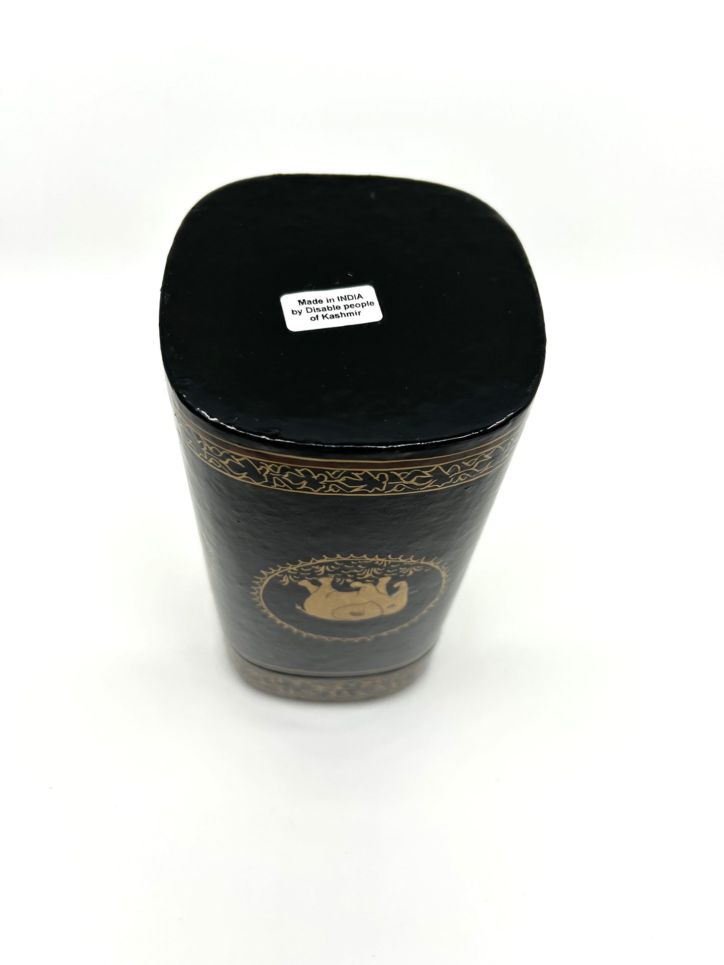 Black and Gold Papier-Mâché Lacquer Tall Décor Box w/Elephant Motif