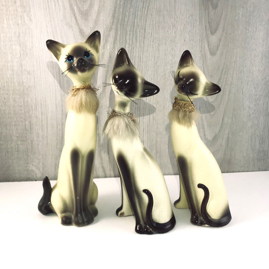 Vintage Giftcraft Trio of Siamese Sitting Ceramic Cats, Furry Gold and Silver Trimmed Collars