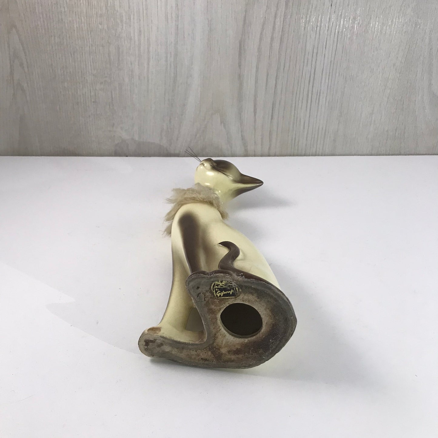 Vintage Giftcraft Trio of Siamese Sitting Ceramic Cats, Furry Gold and Silver Trimmed Collars