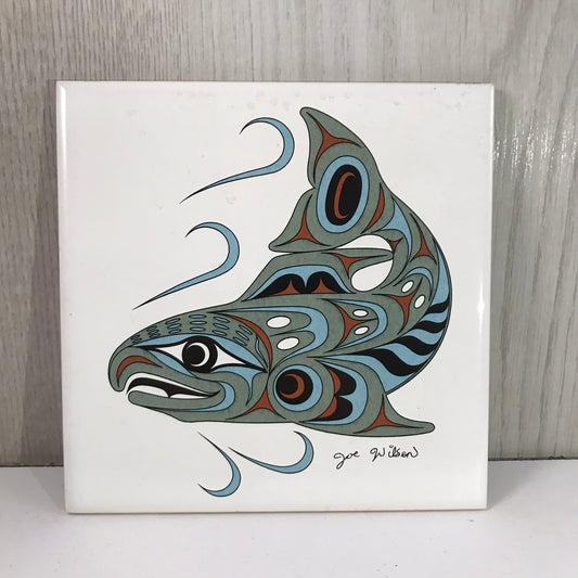 Island Art Indigenous Spawning Salmon Ceramic Tile - Artist Signed Joe Wilson