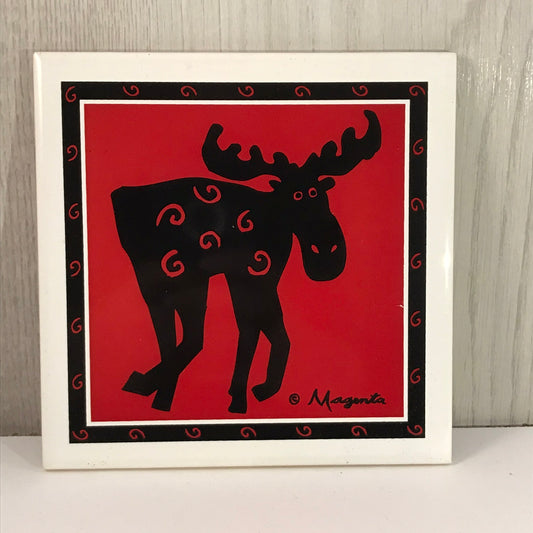 Galloping Moose Red and Black Ceramic Tile - Artist Signed Magenta