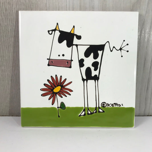 Artist KETTO Abstract Cow in Daisy Field Ceramic Tile