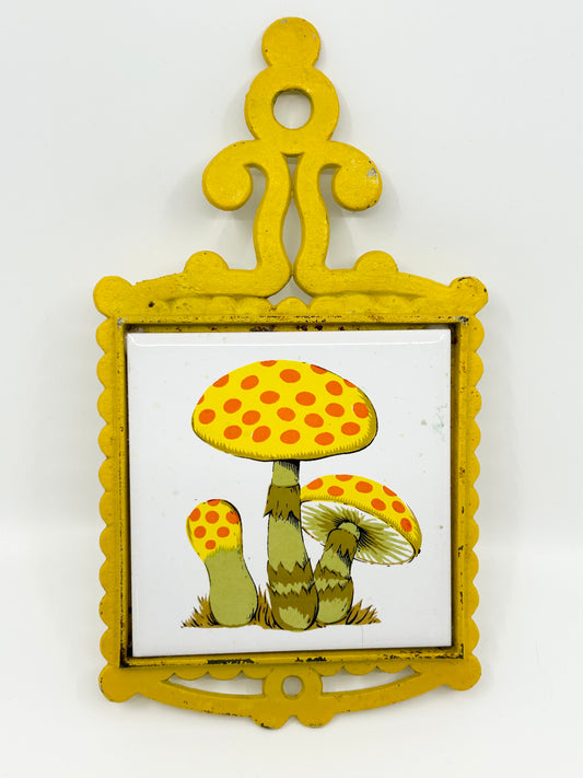 Vintage Bright Yellow Triple Mushroom Cast Iron Trivet