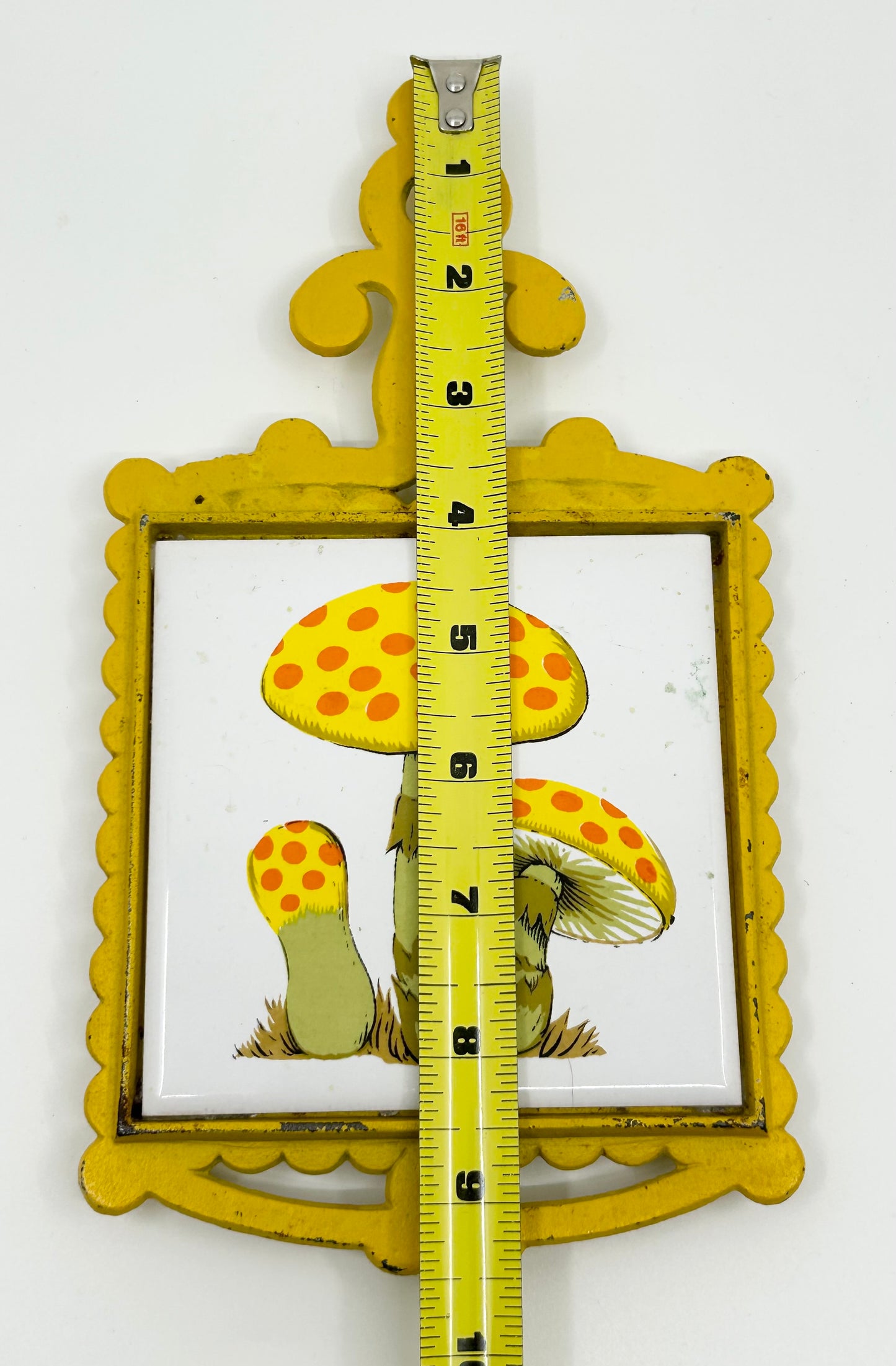 Vintage Bright Yellow Triple Mushroom Cast Iron Trivet