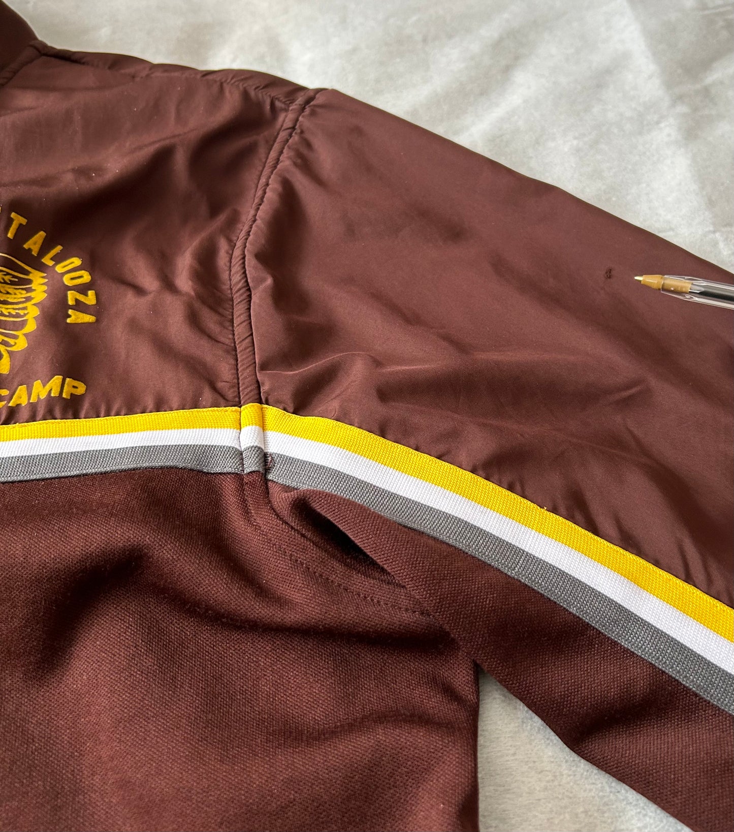 David & Goliath Camp Wattalooza Summer Camp Brown Yellow Striped Track Jacket Men's