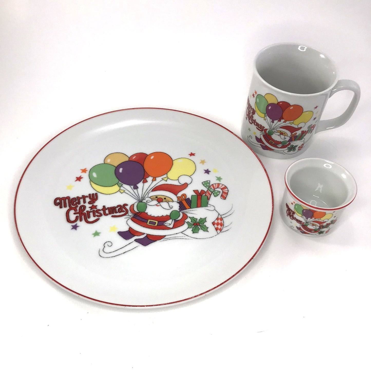 Merry Christmas Santa and Balloons Plate and Mugs Set
