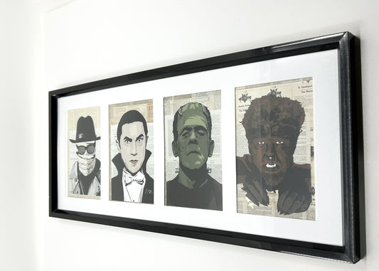 Old School Villains Compliation - The Invisible Man, Count Dracula, Frankenstein and The Wolfman - Matted /Framed Mini Prints