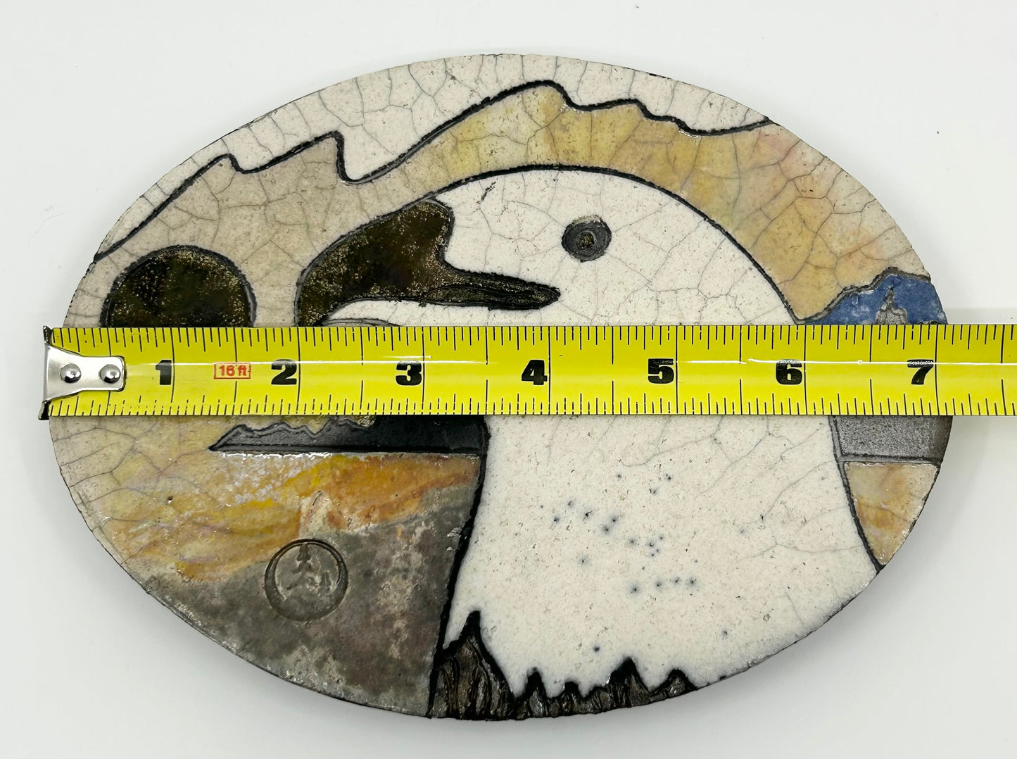Raku Eagle Face Oval Artisan Wall Hanging - Artist Stamped