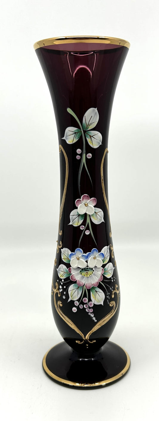 Bohemia Czech Dark Purple Glass Vase with Raised Florals and Gold Trim