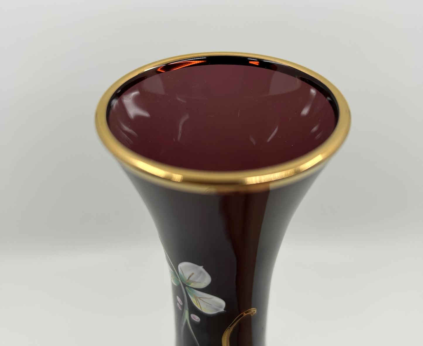 Bohemia Czech Dark Purple Glass Vase with Raised Florals and Gold Trim