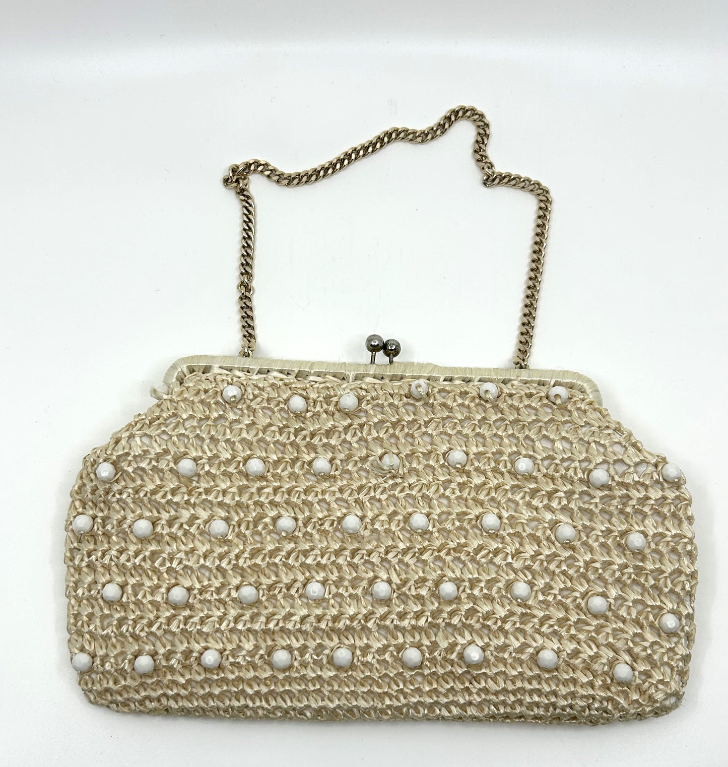 Vintage Faux Straw and Pearl Clutch / Handbag w/chain
