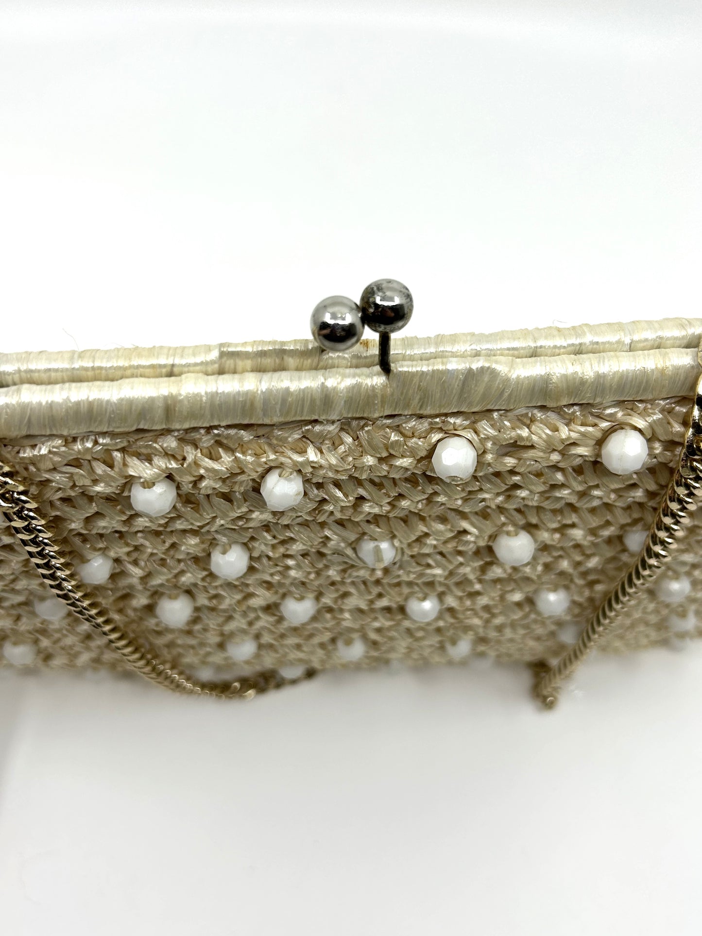 Vintage Faux Straw and Pearl Clutch / Handbag w/chain