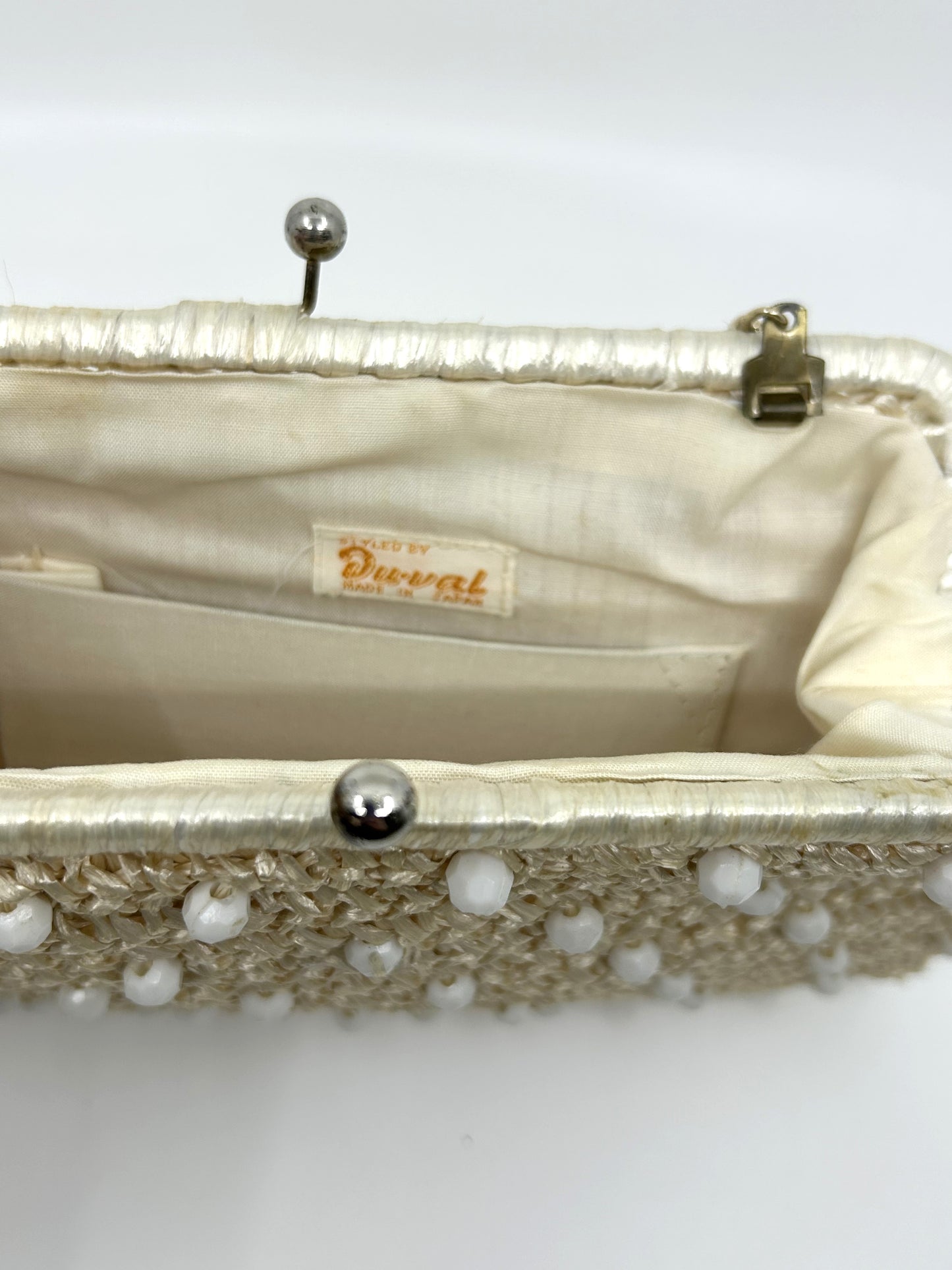 Vintage Faux Straw and Pearl Clutch / Handbag w/chain