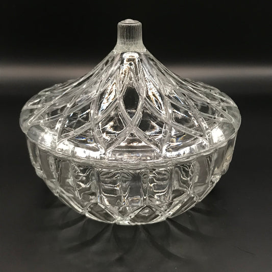 Vintage KIG Indonesia Clear Glass Candy Dish w/ Arched Lid Geometric Pattern Trinket Box