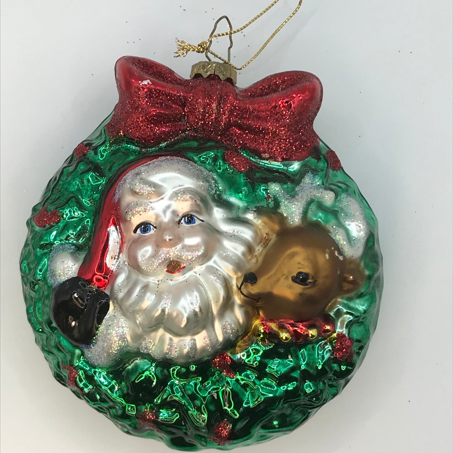 Santa Reindeer and Wreath Blown Glass Ornament
