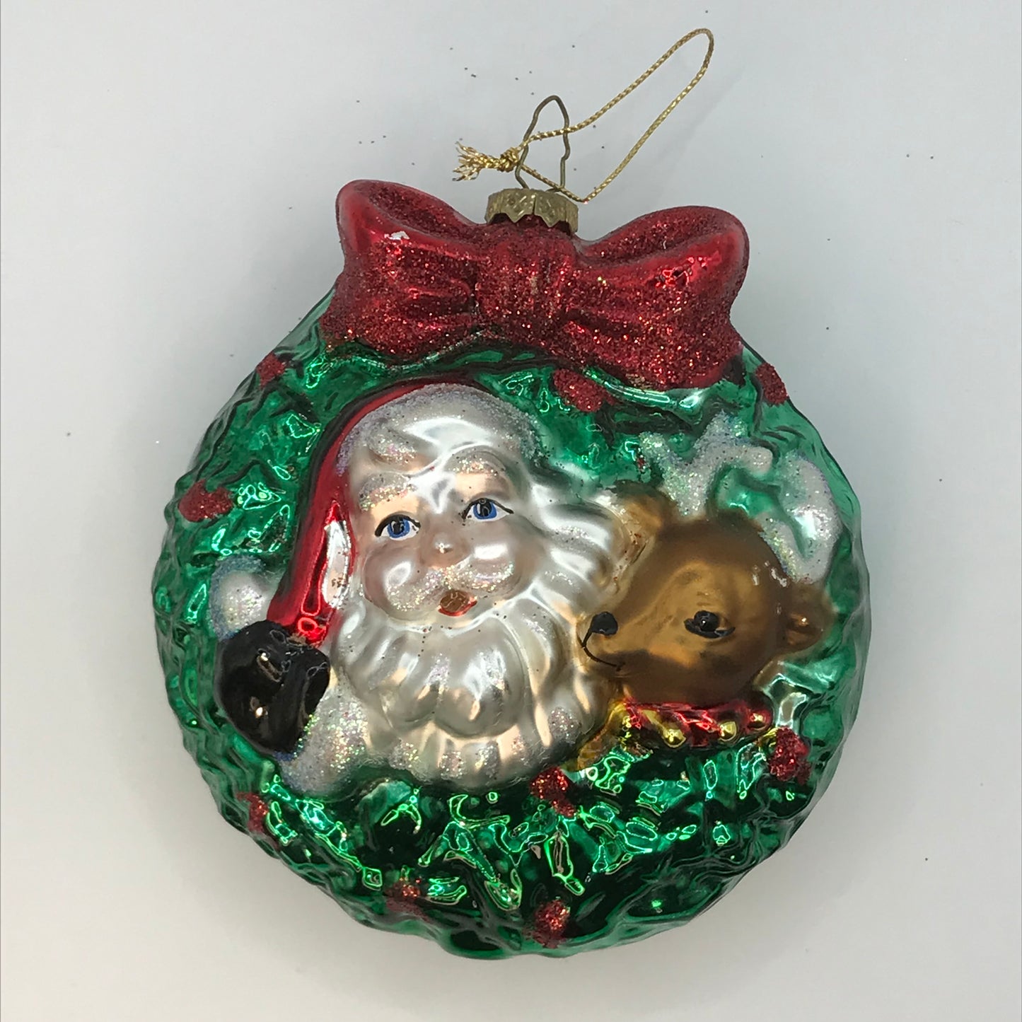 Santa Reindeer and Wreath Blown Glass Ornament