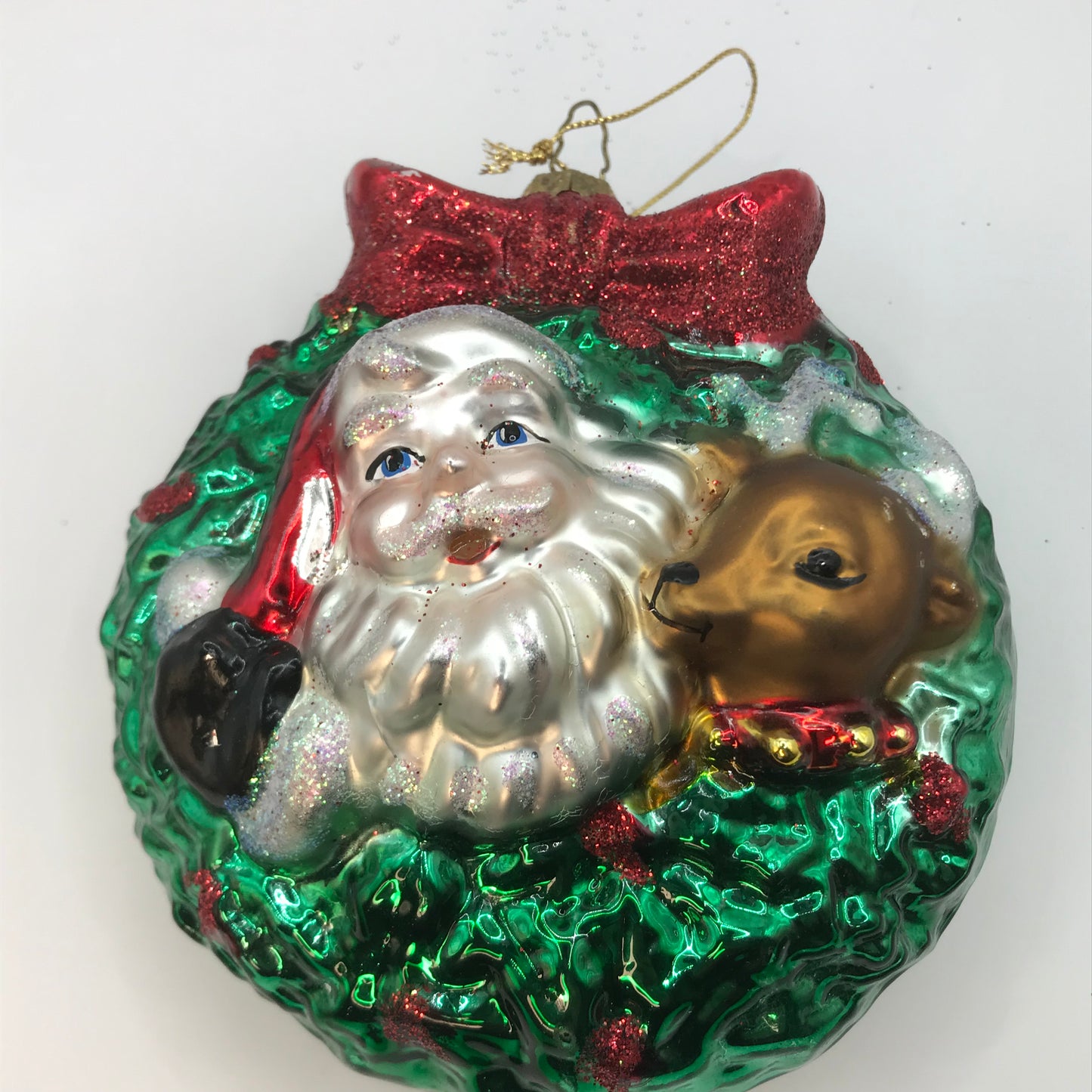 Santa Reindeer and Wreath Blown Glass Ornament