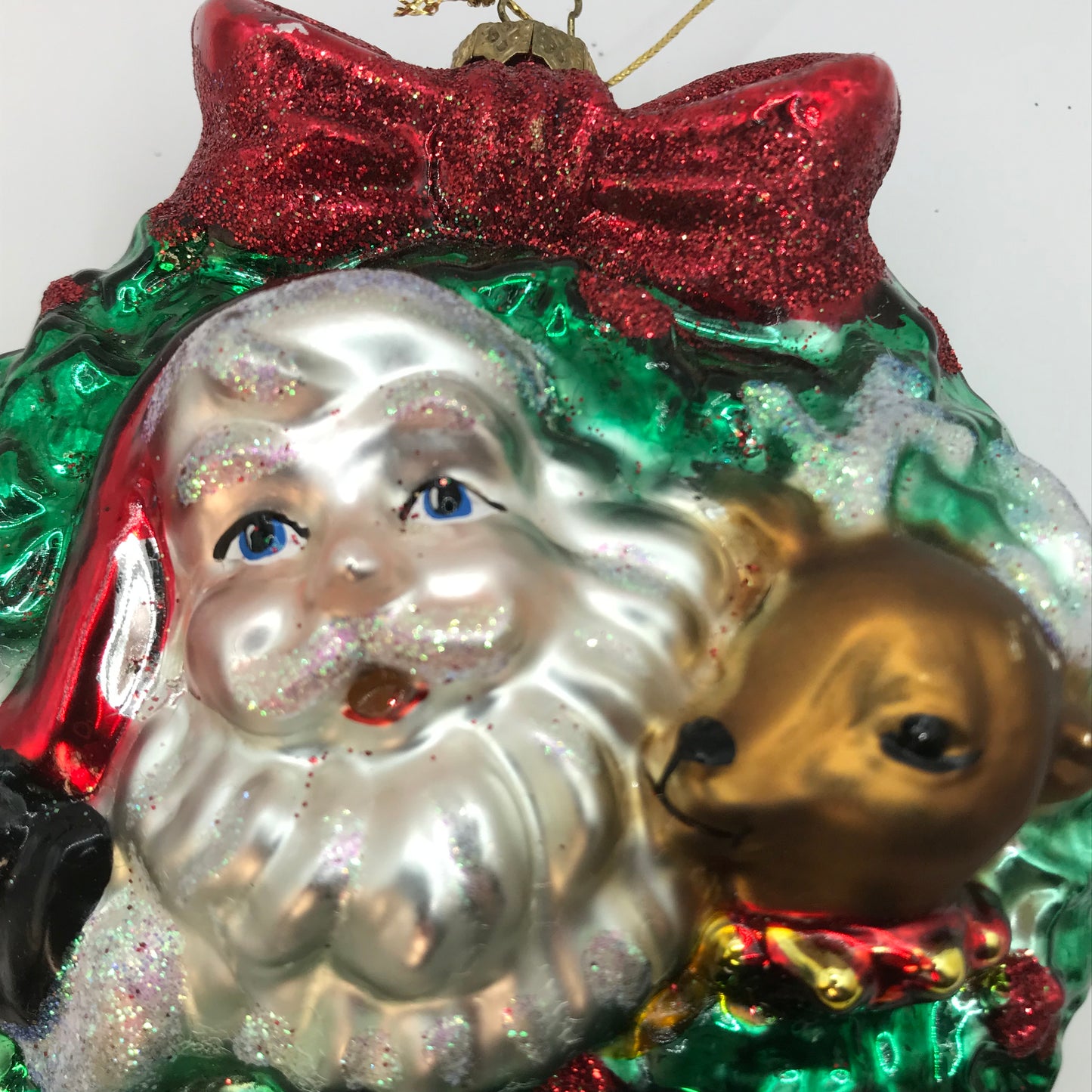 Santa Reindeer and Wreath Blown Glass Ornament