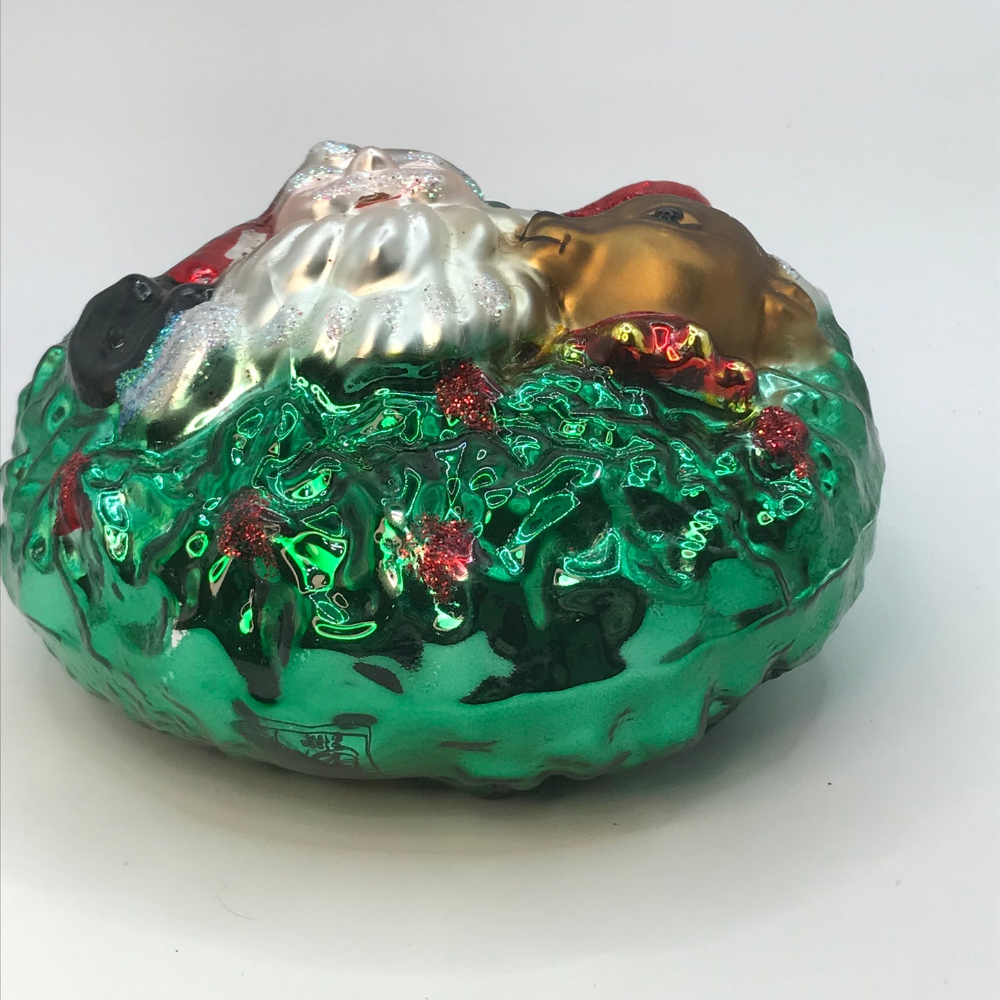 Santa Reindeer and Wreath Blown Glass Ornament
