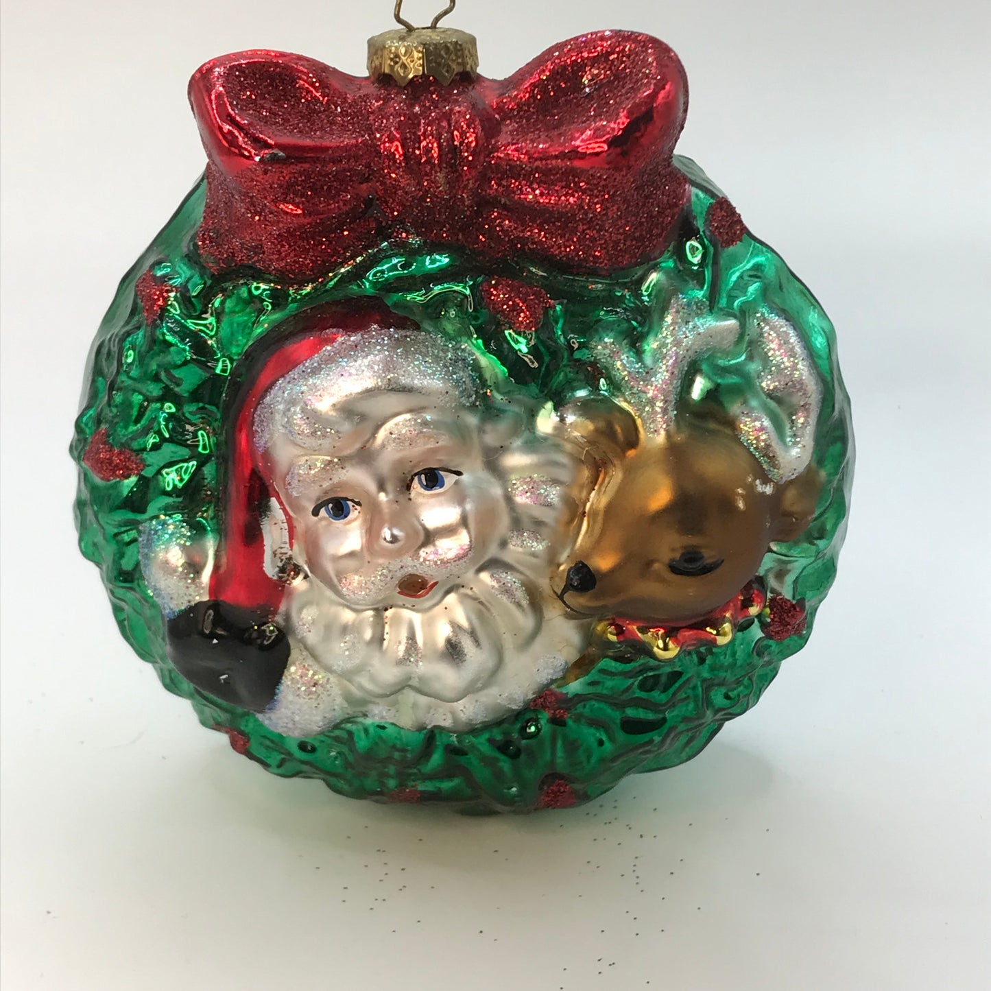 Santa Reindeer and Wreath Blown Glass Ornament