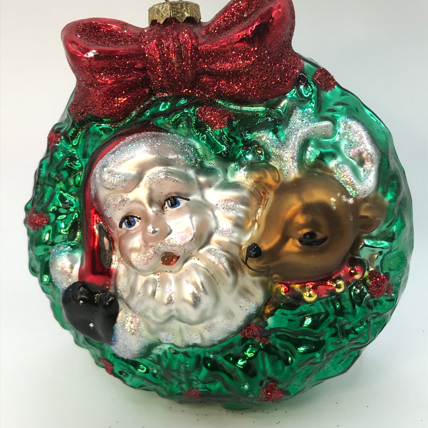 Santa Reindeer and Wreath Blown Glass Ornament